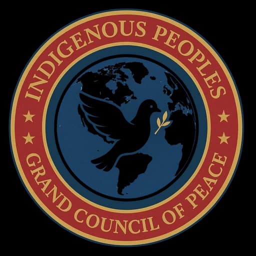 Sello del Gran Consejo de Paz de los Pueblos Indígenas: una paloma con una rama de olivo sobre el continente americano, dentro de un anillo rojo y dorado